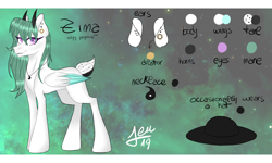 Size: 2000x1200 | Tagged: safe, artist:zima, oc, oc:zima, hybrid, pegasus, pony, ear piercing, earring, galaxy, hat, horns, jewelry, looking at you, necklace, paint tool sai, piercing, reference sheet, solo, standing, yang