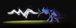 Size: 5405x2042 | Tagged: safe, artist:miaowwww, oc, oc only, oc:noxington nocte, alicorn, pony, alicorn oc, lightning, magic