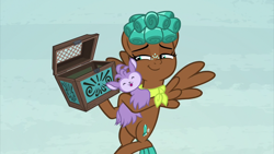 Size: 2000x1124 | Tagged: safe, screencap, bloofy, spur, pegasus, pony, whirling mungtooth, growing up is hard to do, animal, bandana, box, duo, eyes closed, female, flying, freckles, nuzzling, pet, sideways glance, smug, teenager