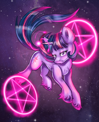 Size: 2193x2702 | Tagged: safe, artist:ilynalta, twilight sparkle, unicorn twilight, pony, unicorn, design, ear fluff, female, lidded eyes, magic, mare, night, pentagram, shirt design, solo, stars, unshorn fetlocks