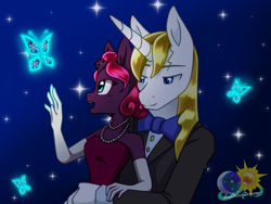 Size: 1024x768 | Tagged: safe, artist:animesonic2, fizzlepop berrytwist, prince blueblood, tempest shadow, anthro, unicorn, berryblood, bowtie, broken horn, clothes, crack shipping, dress, evening gloves, female, gloves, horn, jewelry, long gloves, male, mare, necklace, pearl necklace, shipping, stallion, straight, suit