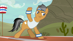 Size: 1280x720 | Tagged: safe, screencap, quibble pants, earth pony, pony, common ground, armband, headband, raised hoof, solo