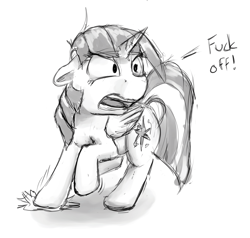 Size: 1684x1604 | Tagged: safe, artist:solarbutt, twilight sparkle, twilight sparkle (alicorn), alicorn, pony, angry, female, fuck off, grayscale, mare, monochrome, open mouth, solo, vulgar