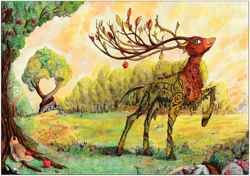 Size: 4000x2815 | Tagged: safe, artist:konsumo, the great seedling, deer, going to seed, apple, apple tree, applejack's hat, cowboy hat, food, hat, intertwined trees, pear tree, scenery, scenery porn, solo, sweet apple acres, traditional art, tree