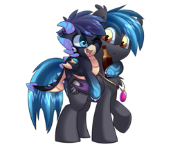 Size: 549x474 | Tagged: safe, artist:php69, artist:skaterpony, part of a set, oc, oc only, oc:frosty, oc:styxus, bat pony, dragon, gem, hug, implied drinking, jewelry, male, necklace, piggyback ride