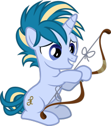 Size: 3623x4136 | Tagged: safe, artist:sollace, skeedaddle, pony, unicorn, the last crusade, .svg available, bow, bow (weapon), colt, cutie mark, foal, male, simple background, sitting, smiling, solo, transparent background, vector