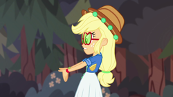 Size: 1280x720 | Tagged: safe, screencap, applejack, better together, choose your own ending, equestria girls, wake up!, wake up!: applejack, applejack's festival hat, applejack's sunglasses, female, outdoors, solo, sunglasses