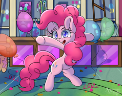 Size: 4200x3300 | Tagged: safe, artist:burnflameheart, derpibooru import, pinkie pie, earth pony, pony, balloon, belly button, bipedal, confetti, female, happy, looking at you, mare, open mouth, party, solo, sugarcube corner