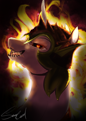 Size: 1158x1638 | Tagged: safe, artist:sakuracheetah, daybreaker, pony, backlighting, black hole, bust, evil grin, fire, grin, looking at you, messier 87, portrait, sharp teeth, signature, smiling, solo, sun, teeth