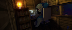 Size: 3440x1440 | Tagged: safe, artist:jerryenderby, oc, oc:pradashie, pegasus, pony, bookshelf, chair, computer, creeper, ear fluff, minecraft, monitor, mug, ponytail, solo, streetlight, tree, window, wooden walls