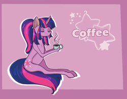 Size: 2264x1756 | Tagged: safe, artist:kamikazelenna, twilight sparkle, pony, alternate hairstyle, coffee, coffee mug, female, mug, realistic horse legs, simple background, sitting, solo