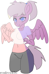 Size: 535x800 | Tagged: safe, artist:renfred456, oc, oc only, anthro, pegasus, anthro oc, belly button, blushing, clothes, compression shorts, female, leggings, mare, pants, shirt, solo, wings, workout outfit, yoga pants