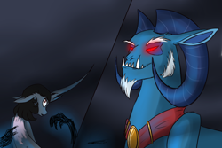 Size: 3000x2000 | Tagged: safe, artist:crystalcontemplator, grogar, oc, pony, sheep, unicorn, the beginning of the end, art, dark, fanart, female, hand, horns, mare, mlp grogar, ram, red eyes, scar, sketch