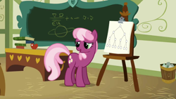 Size: 1280x720 | Tagged: safe, edit, edited screencap, screencap, cheerilee, earth pony, pony, binary tree, chalkboard, female, lidded eyes, looking back, mare, open mouth, school, smiling, solo, teacher, teaching, whiteboard