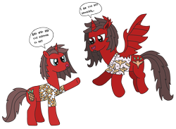 Size: 2918x2131 | Tagged: safe, artist:supahdonarudo, oc, oc only, oc:ironyoshi, bat pony, pony, unicorn, bat ponified, clothes, dialogue, ironbatty, race swap, self ponidox, shirt, simple background, speech bubble, torn clothes, transparent background