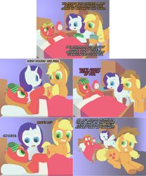 Size: 2002x2404 | Tagged: safe, artist:crispokefan, derpibooru import, applejack, rarity, oc, oc:pun, earth pony, pony, unicorn, ask, ask pun, bed, clock, comic, cowboy hat, female, food, gradient background, hat, mare, sick, soup, thermometer, underhoof