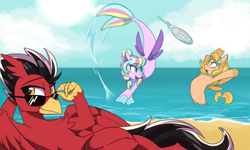 Size: 726x436 | Tagged: safe, artist:beardie, oc, oc only, oc:pheonix, oc:taffy, oc:thunder, pony, beach, seaquestria fest, sports, volleyball