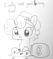 Size: 1280x1441 | Tagged: safe, artist:tjpones, oc, oc only, oc:brownie bun, earth pony, pony, buck, censored, censored vulgarity, chest fluff, eating, female, finally some good fucking food, food, gordon ramsay, mare, monochrome, peanut, peanut butter, ponified, ponified meme, text, traditional art