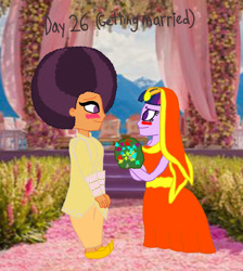 Size: 2000x2233 | Tagged: safe, artist:bigpurplemuppet99, saffron masala, twilight sparkle, equestria girls, afro, alternate clothes, clothes, dress, female, indian clothes, lesbian, shipping, twiffron, wedding dress