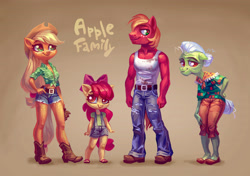 Size: 3720x2618 | Tagged: safe, artist:holivi, derpibooru import, apple bloom, applejack, big macintosh, granny smith, anthro, earth pony, plantigrade anthro, apple family, belt, boots, bow, breasts, cleavage, clothes, daisy dukes, female, filly, front knot midriff, hair bow, hat, male, mare, midriff, overalls, plaid, sandals, sexy, shirt, shoes, shorts, smiling, stallion, tanktop