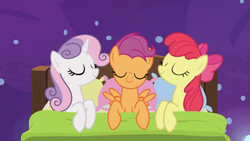 Size: 1920x1080 | Tagged: safe, screencap, apple bloom, scootaloo, sweetie belle, earth pony, pegasus, pony, unicorn, growing up is hard to do, bed, being big is all it takes, cutie mark crusaders, eyes closed, female, mare, older, older apple bloom, older cmc, older scootaloo, older sweetie belle