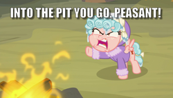 Size: 1920x1080 | Tagged: safe, edit, edited screencap, screencap, cozy glow, pegasus, pony, frenemies (episode), caption, clothes, cozy glow is best facemaker, female, fire, image macro, peasant, solo, text, tyrant
