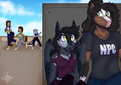 Size: 4299x3035 | Tagged: safe, artist:theecchiqueen, oc, oc:panda rose, oc:pandie, oc:walter nutt, anthro, unguligrade anthro, anthro oc, death by coffee, disguise, female, hiding, male, npc, npc meme, oc x oc, shipping, story in the source, straight
