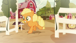 Size: 1280x720 | Tagged: safe, derpibooru import, screencap, applejack, earth pony, pony, going to seed, female, fence, filly, filly applejack, freckles, smiling, solo, sweet apple acres, younger