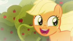 Size: 1920x1080 | Tagged: safe, derpibooru import, screencap, applejack, earth pony, pony, going to seed, apple, apple tree, female, filly, filly applejack, freckles, happy, open mouth, smiling, solo, tree, younger