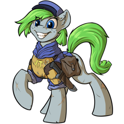 Size: 1000x1000 | Tagged: safe, artist:kalemon, oc, oc:radiant hope, earth pony, pony, cap, clothes, grin, hat, knife, saddle bag, smiling, uniform