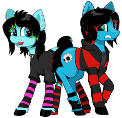 Size: 3648x3520 | Tagged: safe, artist:paskanaakka, derpibooru exclusive, oc, oc only, oc:emo lad, oc:scene chick, earth pony, pony, brother and sister, clothes, colored hooves, commission, duo, dyed mane, dyed tail, ear piercing, earring, emo, female, hoodie, jewelry, male, mare, necklace, piercing, shirt, shy, siblings, simple background, socks, stallion, striped socks, transparent background, unshorn fetlocks