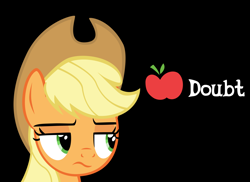 Size: 1500x1091 | Tagged: safe, artist:mrkat7214, derpibooru import, applejack, earth pony, pony, apple, applejack is not amused, black background, food, l.a. noire, reaction image, simple background, solo, suspicious, unamused