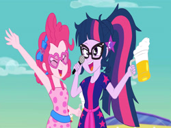 Size: 4160x3120 | Tagged: dead source, safe, artist:brick588, pinkie pie, sci-twi, twilight sparkle, better together, equestria girls, spring breakdown, alcohol, armpits, beer, cheering, cider, clothes, dress, drunk, drunk twilight, drunkie pie, duo, eyes closed, female, geode of sugar bombs, geode of telekinesis, glasses, karaoke, magical geodes, messy hair, microphone, mug, open mouth, ponytail, tankard, wrong aspect ratio