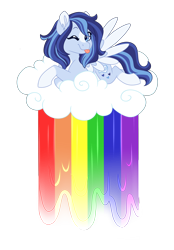 Size: 3200x4600 | Tagged: safe, artist:azure-art-wave, oc, oc:azure, pegasus, pony, cloud, female, liquid rainbow, mare, one eye closed, simple background, sitting on cloud, solo, tongue out, transparent background, wink