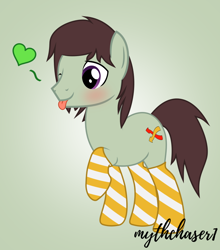 Size: 784x891 | Tagged: safe, artist:mythchaser1, oc, oc:shuffle, earth pony, pony, clothes, male, one eye closed, socks, solo, stallion, striped socks, tongue out, wink