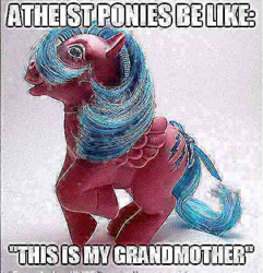 Size: 489x508 | Tagged: safe, firefly, pony, g1, atheism, caption, evolution, image macro, meme, needs more jpeg, text, toy