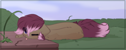 Size: 1676x672 | Tagged: safe, artist:little-sketches, oc, oc:evie, pony, :p, eye clipping through hair, grass, lying down, one eye closed, silly, sleepy, tongue out