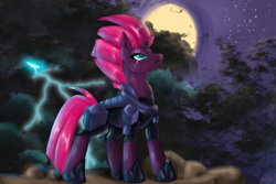 Size: 3001x2000 | Tagged: safe, artist:dangerrnoodle, tempest shadow, pony, unicorn, my little pony: the movie, broken horn, eye scar, female, horn, lightning, looking up, mare, moon, night, scar, solo