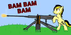 Size: 1800x900 | Tagged: safe, oc, oc:leslie fair, pony, bipedal, browning m2, grass, gun, heavy machine gun, machine gun, onomatopoeia, shooting, weapon