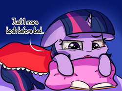 Size: 1461x1089 | Tagged: safe, artist:artiks, twilight sparkle, pony, atg 2019, bed, blanket, bloodshot eyes, book, dialogue, female, floppy ears, mare, newbie artist training grounds, solo, that pony sure does love books, tired