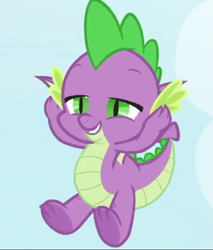 Size: 613x720 | Tagged: safe, screencap, spike, dragon, the big mac question, claws, cropped, feet, flying, male, male feet, smiling, solo, tail, toes, winged spike