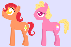 Size: 3000x2000 | Tagged: safe, anonymous artist, oc, oc only, oc:apple sorbet, oc:pink lemonade, earth pony, pony, series:fm holidays, brothers, colt, duo, fraternal twins, lidded eyes, lineless, male, no pupils, offspring, parent:big macintosh, parent:fluttershy, parents:fluttermac, purple background, simple background