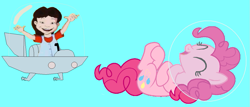 Size: 1227x526 | Tagged: safe, artist:guihercharly, derpibooru import, pinkie pie, earth pony, pony, astronaut, crossover, dragon tales, emmy, glass dome, laughing, space car, space helmet, spaceship, the jetsons, wiggling fingers