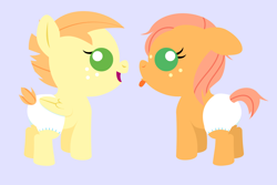 Size: 3000x2000 | Tagged: safe, anonymous artist, oc, oc only, oc:crabapple cider, oc:summer breeze, pony, series:fm holidays, baby, baby pony, brother and sister, colt, diaper, duo, female, filly, fraternal twins, freckles, lineless, male, no pupils, offspring, open mouth, parent:big macintosh, parent:fluttershy, parents:fluttermac, purple background, siblings, simple background, smiling, tongue out