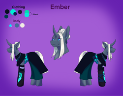 Size: 2522x1963 | Tagged: safe, alternate version, artist:blacksky1113, oc, oc only, oc:ember arrow, pony, unicorn, armor, bandage, belt, clothes, colored sclera, curved horn, ear piercing, earring, female, gauntlet, gloves, hair bun, horn, jewelry, mare, pants, piercing, pouch, reference sheet, skirt, solo, tattoo