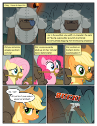 Size: 612x792 | Tagged: safe, artist:newbiespud, derpibooru import, edit, edited screencap, screencap, applejack, fluttershy, pinkie pie, diamond dog, earth pony, pegasus, pony, comic:friendship is dragons, armor, buck, comic, dialogue, female, freckles, gag, hat, hooves, male, mare, onomatopoeia, rope gag, screencap comic, tongue out