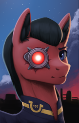 Size: 1362x2100 | Tagged: safe, artist:mrscroup, oc, oc only, oc:red eye, cyborg, earth pony, pony, fallout equestria, bust, clothes, cloud, cyber eyes, fanfic, fanfic art, fillydelphia, looking at you, male, night, night sky, portrait, sky, solo, stallion, stars, vault suit