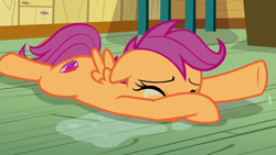 Size: 1920x1080 | Tagged: safe, screencap, scootaloo, pegasus, pony, the last crusade, crying, cutie mark, female, filly, foal, sad, scootasad, solo, the cmc's cutie marks