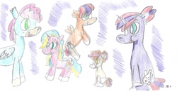 Size: 1965x1052 | Tagged: safe, artist:ptitemouette, oc, oc:aquamarine, oc:jellyfish, oc:magic spoon, oc:opal pearl, oc:starfish, pony, baby, baby pony, brother and sister, father and child, father and daughter, father and son, female, male, mother and child, mother and daughter, mother and son, parent and child, parent:oc:chili pepper, parent:oc:coquillage, parent:oc:galaxy trick, parent:oc:harry trotter, parent:oc:magic spoon, parent:oc:opal pearl, parents:oc x oc, siblings, sisters, traditional art