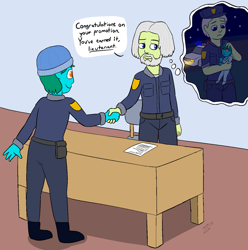Size: 1377x1387 | Tagged: safe, artist:heretichesh, oc, oc only, oc:azure glide, oc:iron cuffs, human, equestria girls, baby, beanie, commission, context in description, desk, dialogue, flashback, handshake, hat, infant, letter, office, police car, police officer, police uniform, starry sky, thought bubble, younger